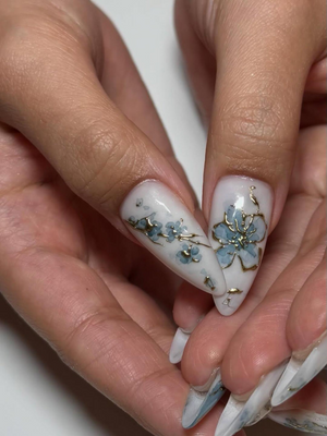 Blue Bloom Elegant Press On Nails | Chinese Luxury Floral Nails | Gold Wire Stiletto Nails | Clear Luxury Art Press Ons | OC299EC