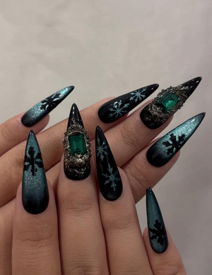 Emerald Snowflake Christmas Press On Nails | Black Green Winter Nails | Luxe Holiday Nail Art | Stiletto Press Ons | Winter Set | OB237HC