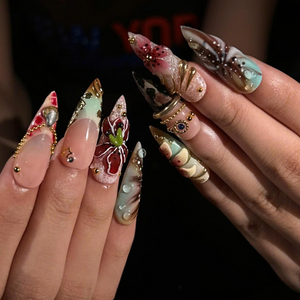 Luxury Floral Press On Nails, Burgundy Gold Nails, 3D Flower Nail Set, Vintage Glam Handmade Press On Nails, OB1377U