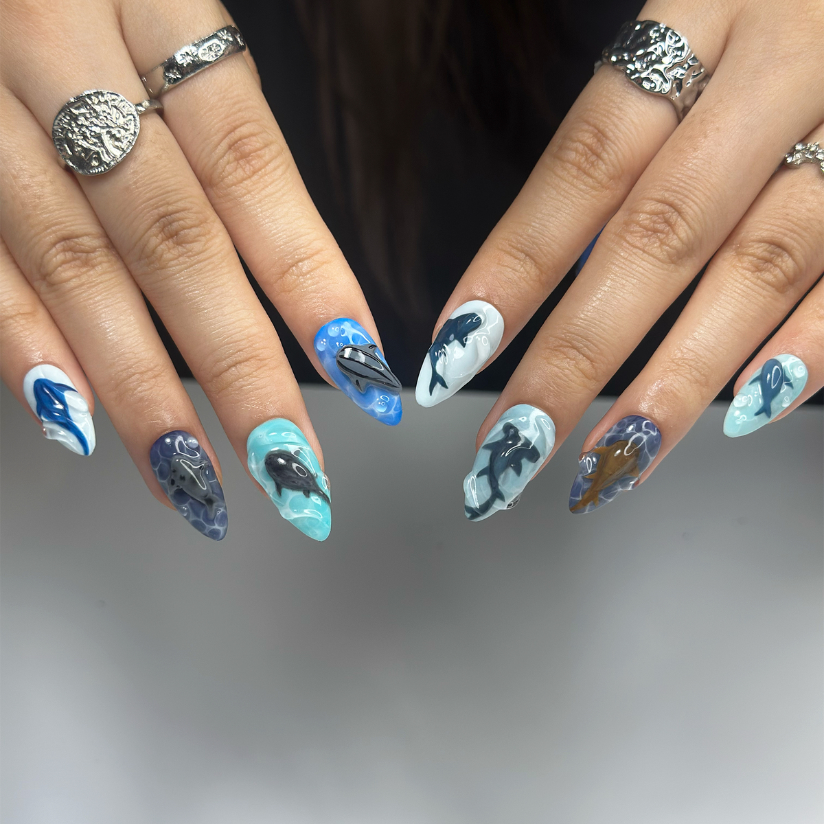 Handmade Shark Press On Nails | 3D Great White Shark Nails | Hammerhead Whale Shark | Shark Blue Sea Ocean Nails | Gift for Her OB410LK