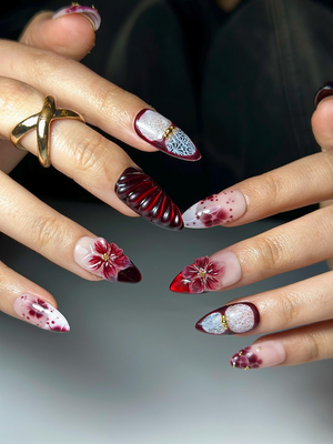 Burgundy Red Floral Press On Nails | 3D Wine Flower Nails | Dark Romantic Nail Art | Elegant Gradient Nails | Luxury Press Ons | OB324HK