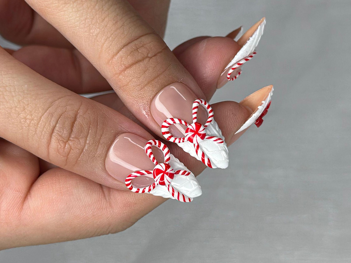 Winter Wonderland Press On Nails For Christmas | 3D Christmas Cookie Nail Art | Red White Holiday Nails | Gingerbread & Bow Press Ons | OB1197HC