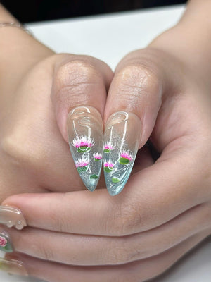 Zen Koi Pond Press On Nails | 3D Lotus Flower & Goldfish Art | Ethereal Ombre Shimmer Nails | Botanical Water Ripple Press Ons | OB361IC