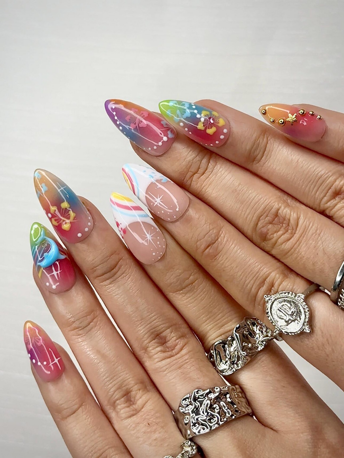 Midnight Sun Press On Nails for Y2K Lovers | Sunset Ombre Rainbow Nails with 3D Floral Art | 90s Nail Design | Artistic Press Ons | OB290HC