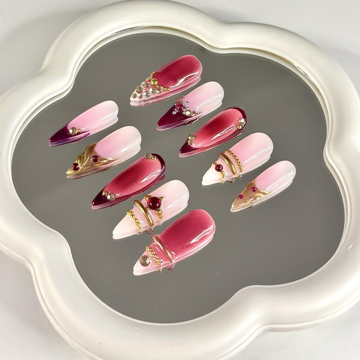 3D Gold Luxury Wine Red Press On Nails | Jelly Burgundy Ombre | Y2K Metallic Chrome Art | Statement Wedding Party | OB1351DG