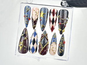 Luxury Gothic Press On Nails | Stiletto Nails with Gems & Stars Nail Art | Celestial Night Sky Acrylic Nails | Dark Fantasy Nails| OB634YC