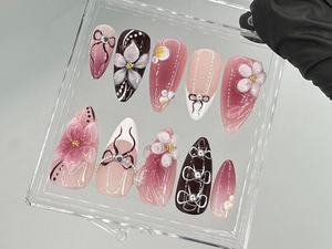 Elegant Pink & Burgundy Floral Short Press On Nails | Luxury Bridal Fake Nails | Gradient Pink Nail Art | Burgundy False Nails | OC707YG