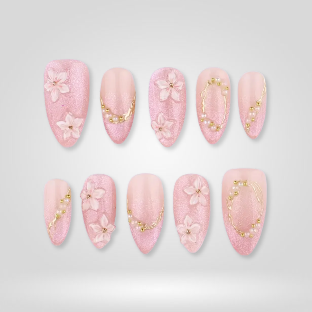 Sparkly Blush 3D Floral Press-On Nails - Aninail