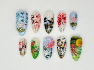 Japanese-Inspired Koi Fish Almond Nails | Asian-Inspired Scenic Fake Nails | Serene Waters Nail Art | Lotus and Bamboo Fake Nails | OB663YC