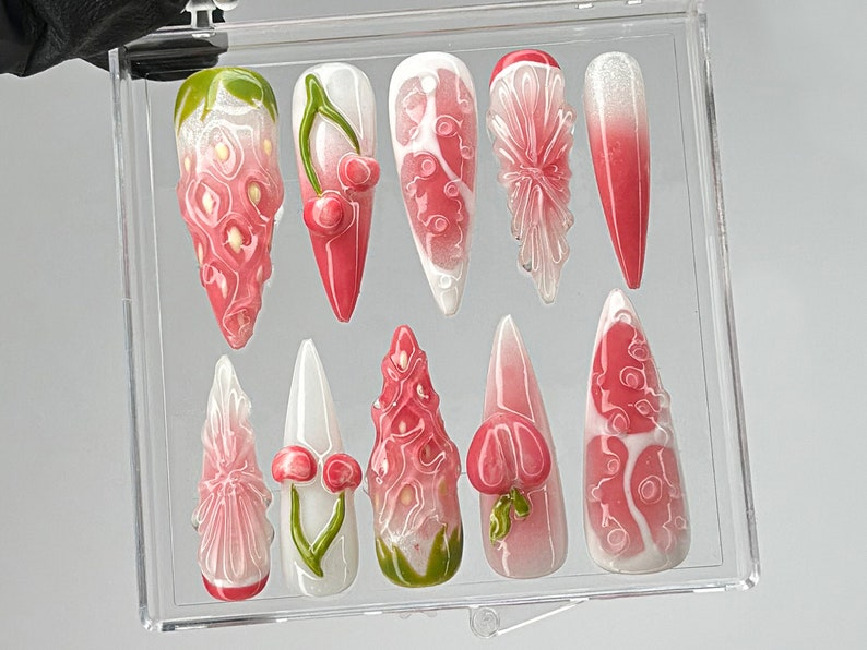 Pink Fruit Press On Nails | Nail Set With Strawberry On Fake nails| Free Style Summer Fruit Nail Art | Nail Charms |Pink press ons | OB513TK