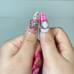 Hot Pink Press On Nails | Luxury Cyber Gyaru Stiletto Nails | 3D Chrome Flower Metallic Fake Nails | Y2K Futuristic Gift | OB406LK