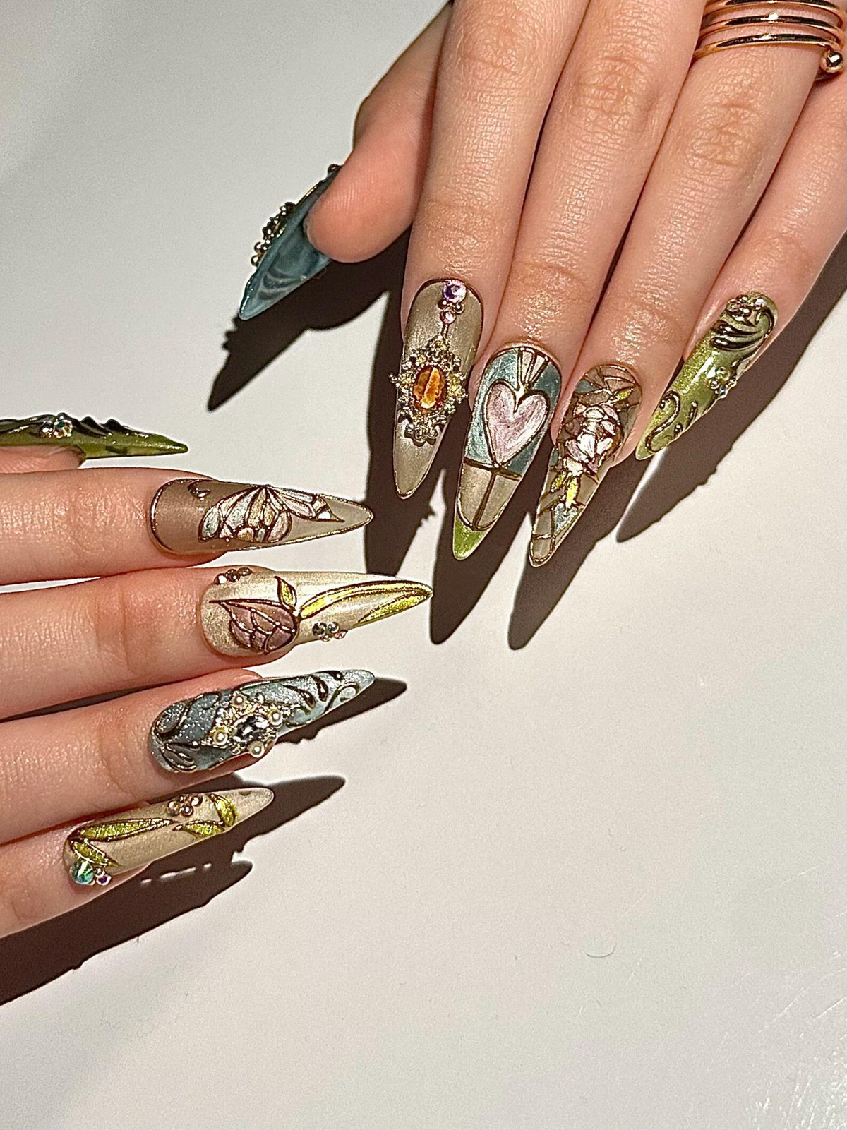 Baroque Stained Glass Press On Nails | Vintage Luxury Heart Nails | Handmade Victorian Aesthetic Nails | Handmade Stiletto Press Ons|OB311HC