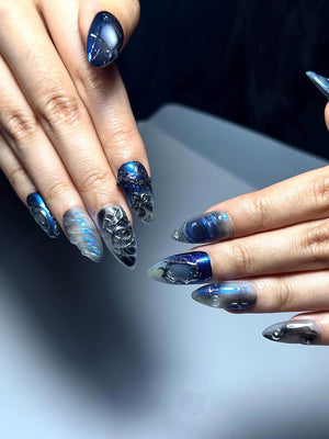Galaxy Gothic Press On Nails | Dark Blue Chrome Cat Eye Nails | Celestial Star Night Nail Art | Handmade Cosmic Gel Nails | OB328IC