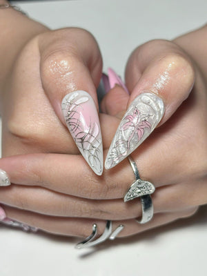 3D Pink Gothic Cyber Nails | Silver Chrome Cross Press Ons | Ethereal Grunge Liquid Metal Nails | Y2K Punk Butterfly Press Ons | OB362IC