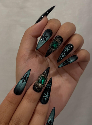 Emerald Snowflake Christmas Press On Nails | Black Green Winter Nails | Luxe Holiday Nail Art | Stiletto Press Ons | Winter Set | OB237HC