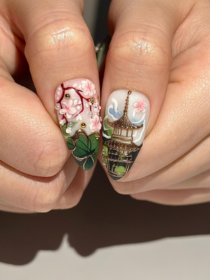 Asian Inspired Luxury Press On Nails | Jade Green Gold Floral Nails | Handpainted Pagoda Nail Art | Elegant Statement Press Ons | OB309HC