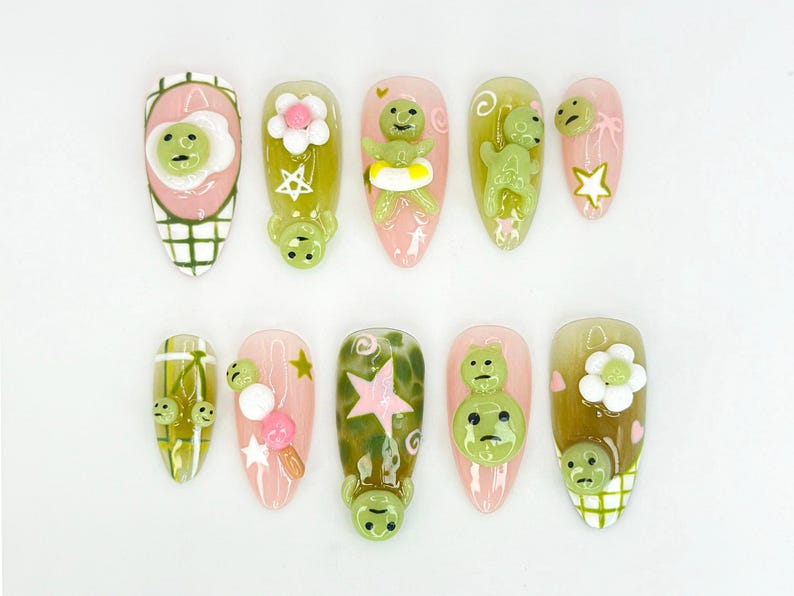 Kawaii Smiski-Inspired Press On Nails | Smiski-Inspired 3D Nails with Pink and Green Accents | Playful Smiski and Star Nail Set | OB640HK