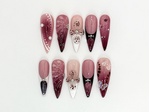 Burgundy Floral 3D Press On Nails | Floral Design with Rhinestones| Floral Accents And Pearl Details | Stylish & Trendy Nail Design | OB660H