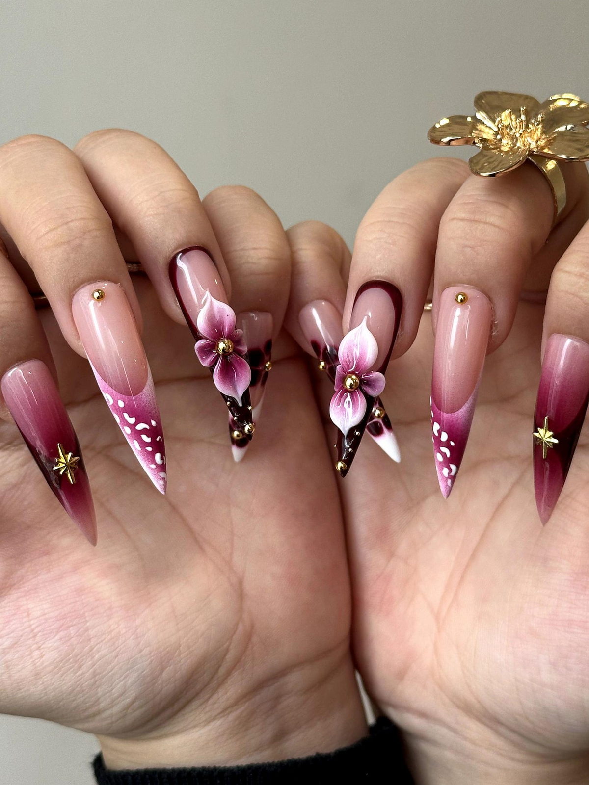 Elegant Floral Press On Nails | 3D Floral Ombre Nails | Burgundy & Pink Gradient Nail Art | Luxury Handmade Press Ons | OC881HC
