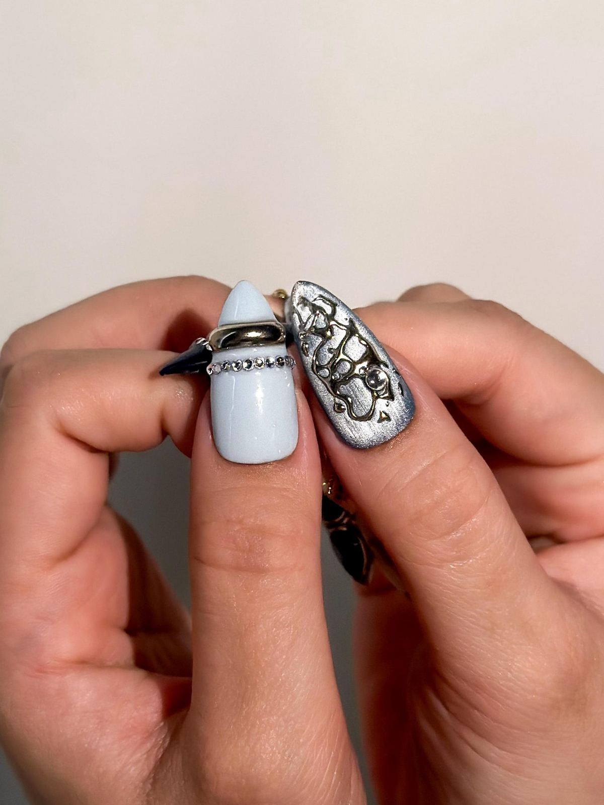 Luxury Blue Silver Press On Nails | Nude Gilded Ring Nail Art | Nude & Steel Statement Nails | High Fashion Almond Nails | OB1023EC