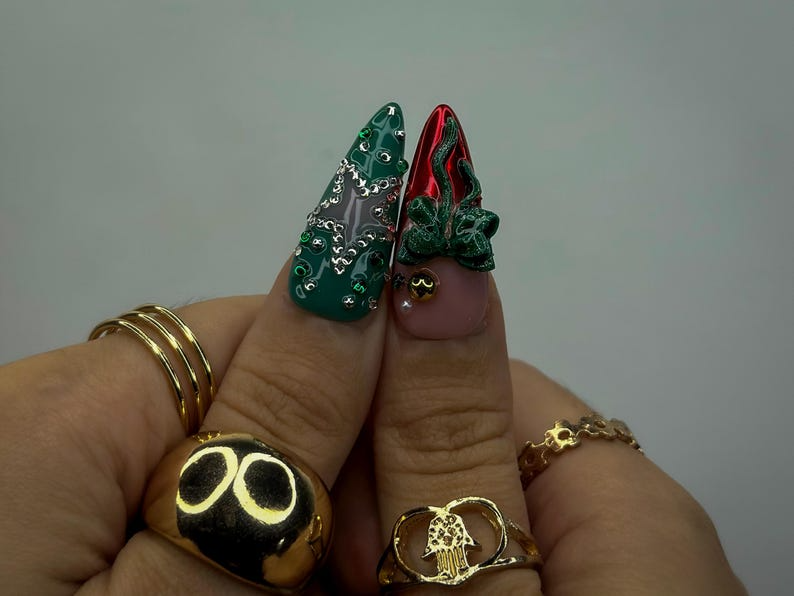 Luxe Ornament Christmas Press On Nails | 3D Holiday Nail Art | Red & Green Chrome Nails | Rhinestone Design | Festive Press Ons | OB214HC