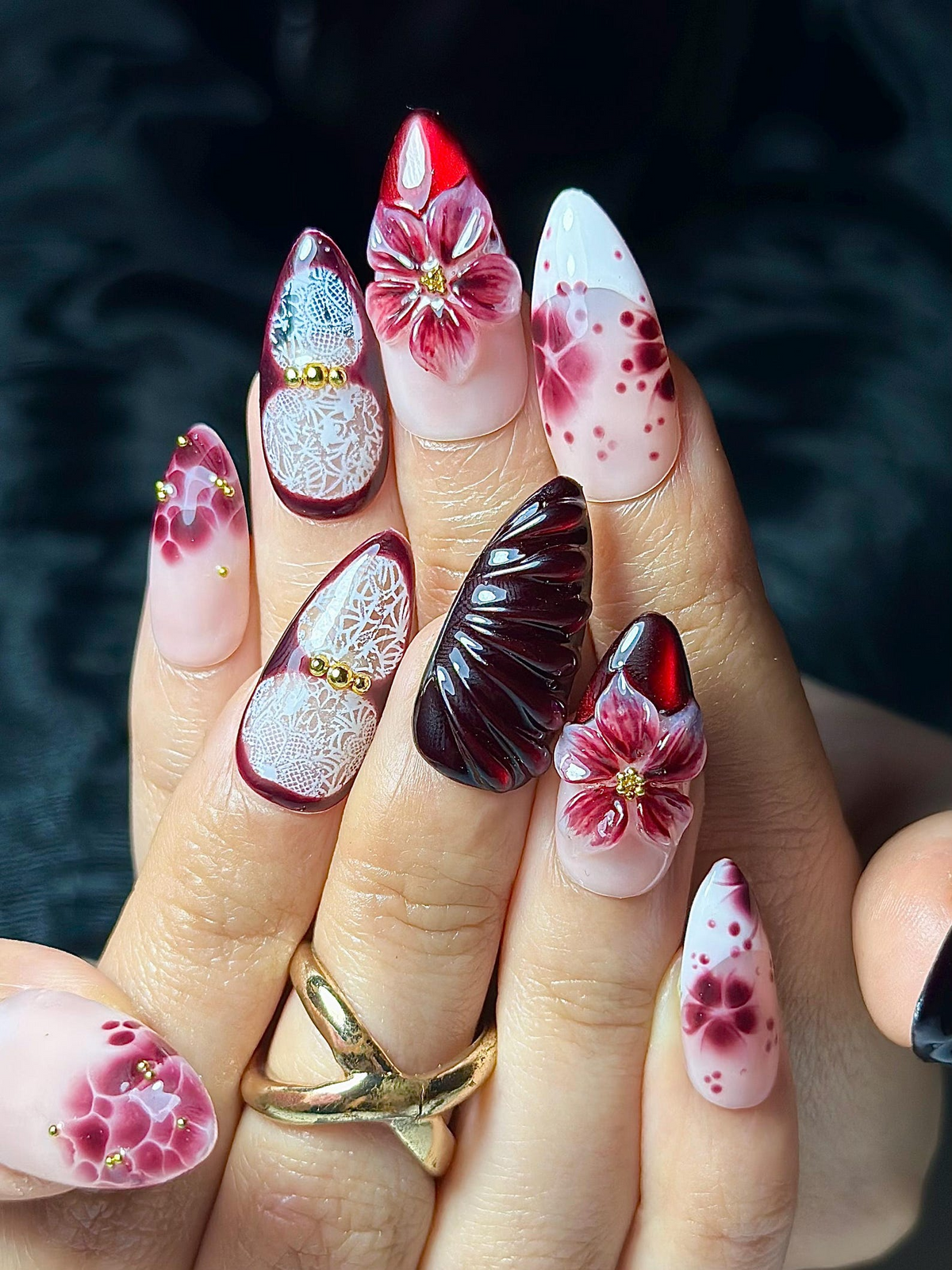 Burgundy Red Floral Press On Nails | 3D Wine Flower Nails | Dark Romantic Nail Art | Elegant Gradient Nails | Luxury Press Ons | OB324HK