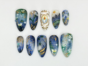 Handcrafted Galaxy Press On Nails | Blue and Gold Star Nails | Mystical Cosmic Nail Art | Galaxy-Inspired Luxury Nails | Dreamy Nail|OB579HK