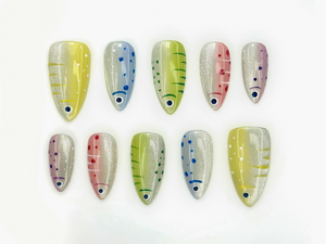 Shimmering Tropical Fish Press On Nails | Colorful Ocean-Inspired Nail Art | Silver Glitter Base with Vibrant Fish Details | OB1044EC