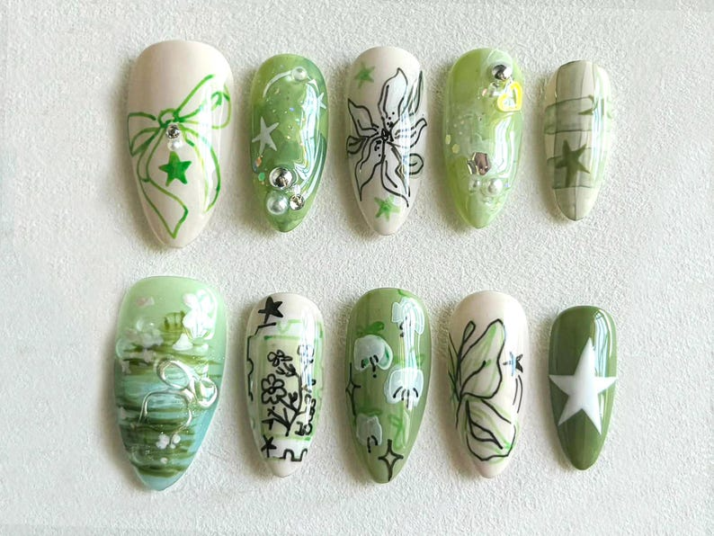 Spring Garden Long Almond Nails | Green Leaf & Floral Designs | Handcrafted Faux Nail Art | Trendy Nail Art | Unique Handmade Nails |OB534H