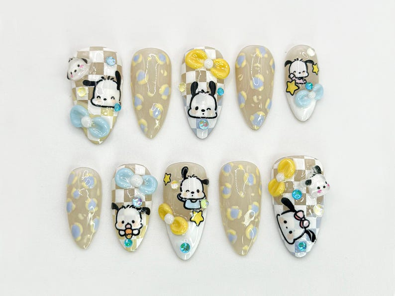 Kawaii Puppy Press On Nails | Cute Character Nail Art | Handmade Cartoon Nail Set | 3D Kawaii Nails | Handmade Nail Art | OC672HC