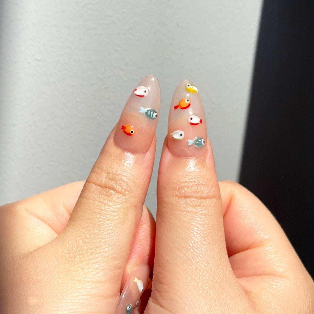 3D Fish Press On Nails | Cute Aquarium Almond Nails | Handpainted Ocean Jelly Fake Nails | Summer Beach Vacation Reusable Nails Gift|OB400LK