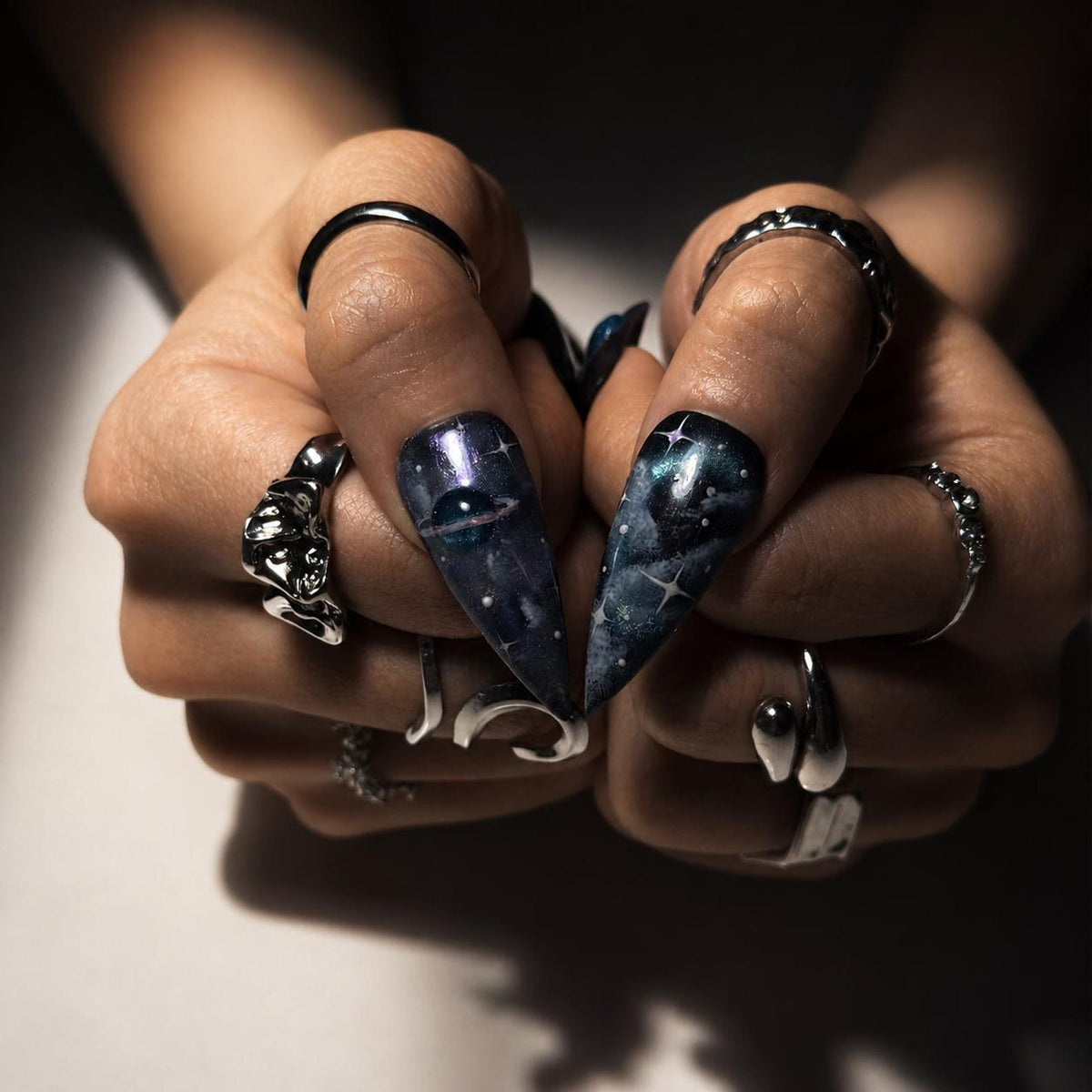 Galaxy Space Press On Nails Long Stiletto • 3D Planet Art • Nebula Milky Way Handpainted Stars • Festival Rave Party • OB1362LG