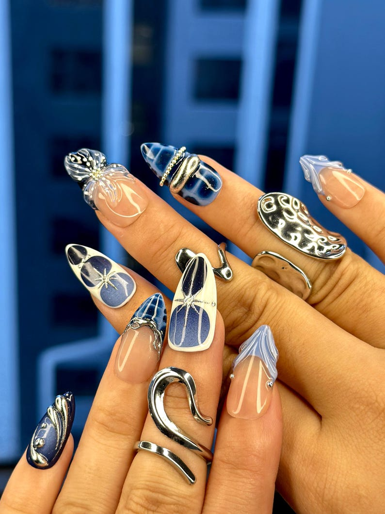 Winter Midnight Spark Press On Nails | Blue Chrome Nail Art | Silver Star 3D Nails | Elegant Winter Press Ons | OB214EC