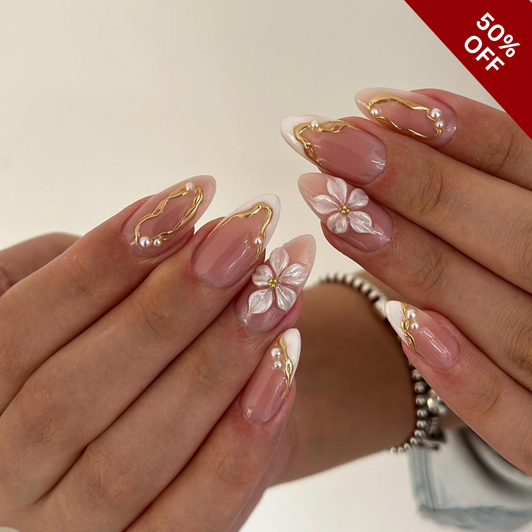Golden Whisper Pearl Floral Press-On Nails - Aninail