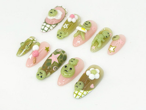 Kawaii Smiski-Inspired Press On Nails | Smiski-Inspired 3D Nails with Pink and Green Accents | Playful Smiski and Star Nail Set | OB640HK