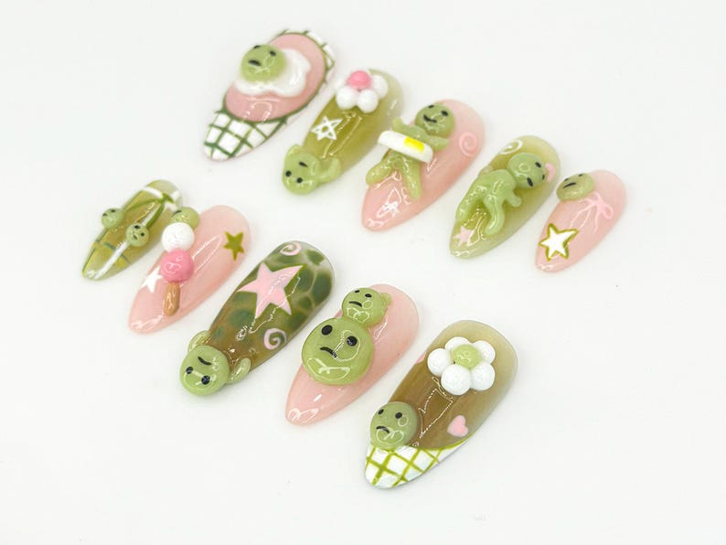 Kawaii Smiski-Inspired Press On Nails | Smiski-Inspired 3D Nails with Pink and Green Accents | Playful Smiski and Star Nail Set | OB640HK