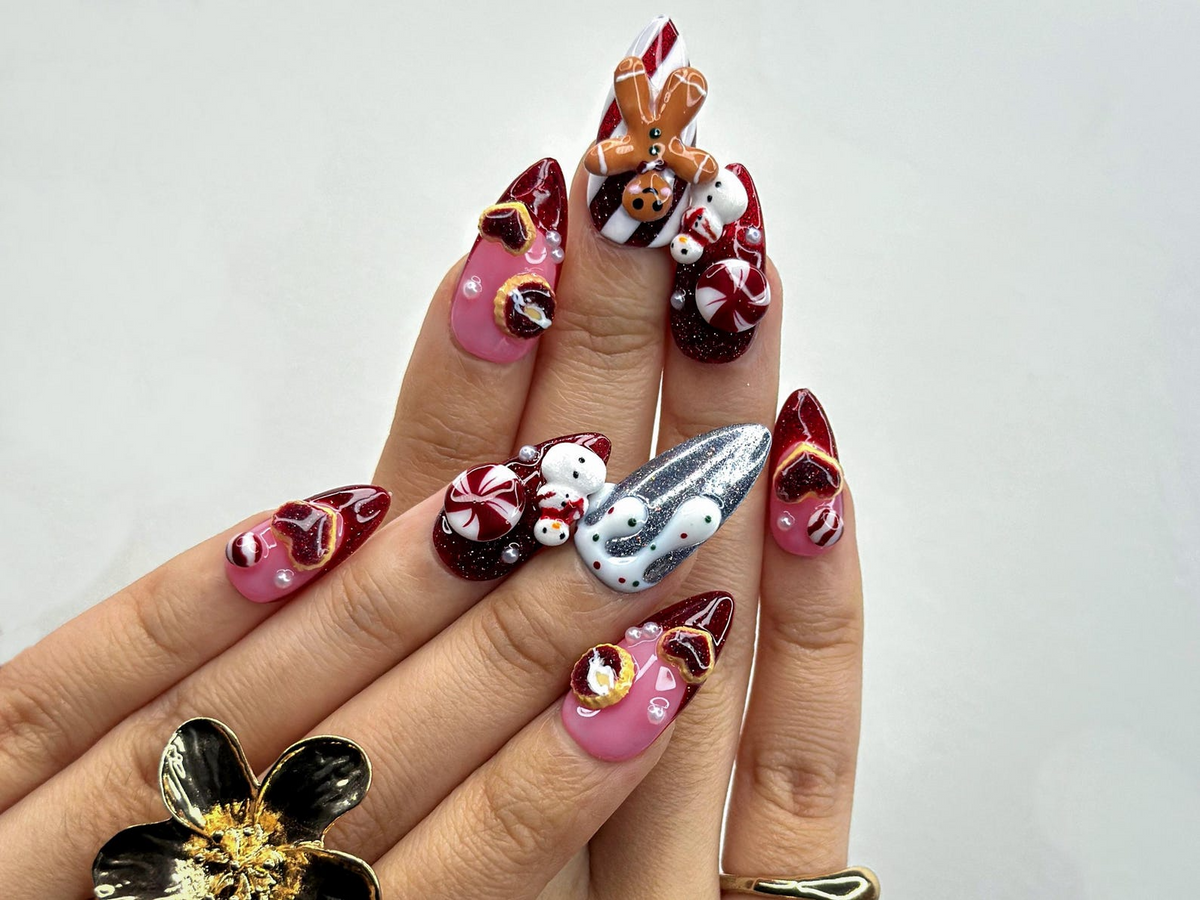 Gingerbread Red Christmas Press On Nails | 3D Christmas Cookie Nail | Peppermint & Snowman Holiday Nails| Red Glitter Festive Nails |OB216HC