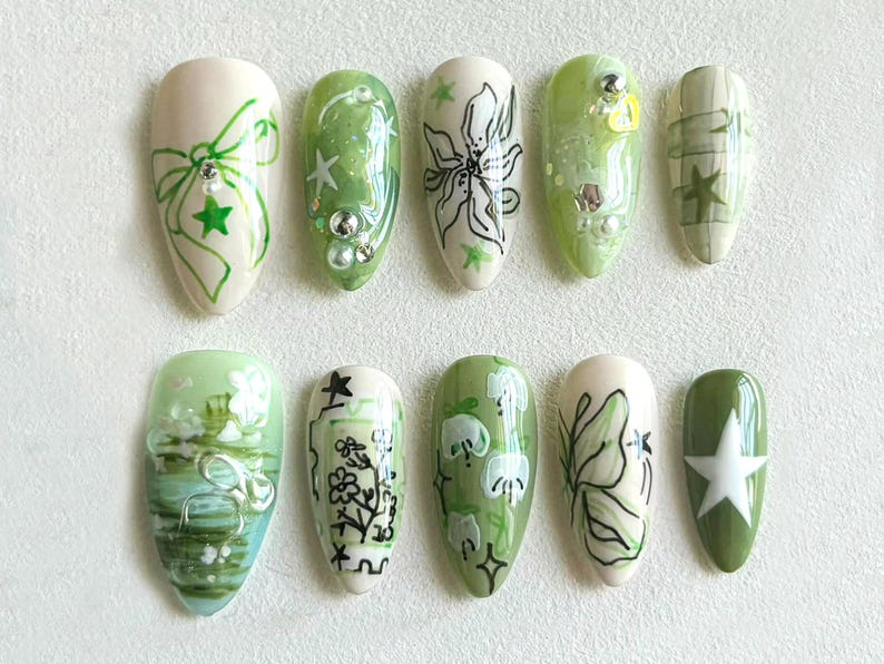 Spring Garden Long Almond Nails | Green Leaf & Floral Designs | Handcrafted Faux Nail Art | Trendy Nail Art | Unique Handmade Nails |OB534H