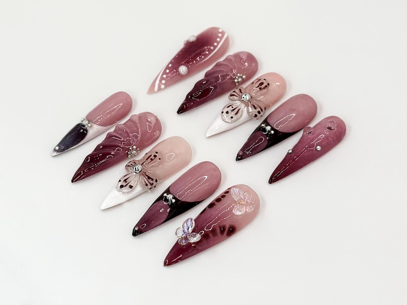 Burgundy Floral 3D Press On Nails | Floral Design with Rhinestones| Floral Accents And Pearl Details | Stylish & Trendy Nail Design | OB660H