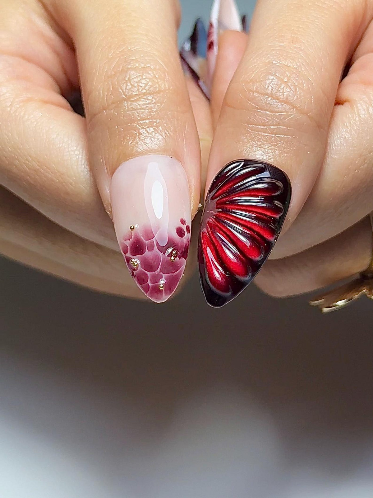 Burgundy Red Floral Press On Nails | 3D Wine Flower Nails | Dark Romantic Nail Art | Elegant Gradient Nails | Luxury Press Ons | OB324HK