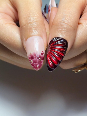 Burgundy Red Floral Press On Nails | 3D Wine Flower Nails | Dark Romantic Nail Art | Elegant Gradient Nails | Luxury Press Ons | OB324HK
