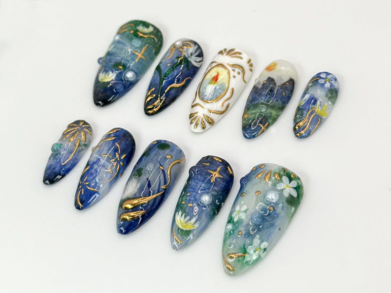Handcrafted Galaxy Press On Nails | Blue and Gold Star Nails | Mystical Cosmic Nail Art | Galaxy-Inspired Luxury Nails | Dreamy Nail|OB579HK