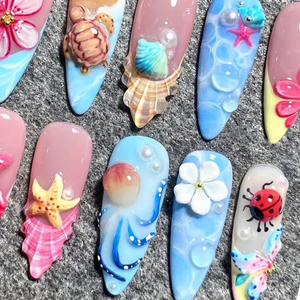 3D Shark Ocean Press On Summer • Blue Sea Animal Nails • Dolphin Whale Shark Nails • Summer Beach Nails Almond Shape | OB414L