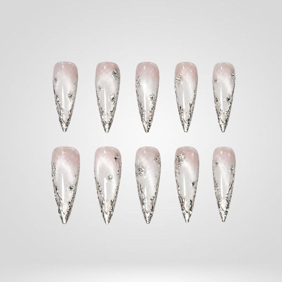 Icy Silver Frosted Cat Eye Press-On Nails - Aninail