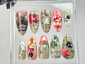Studio Ghibli Inspired Almond Nails | Totoro & Nature Nail Art | Kawaii Ghibli Fake Nails | Studio Ghibli Theme False Nails | OB726YC