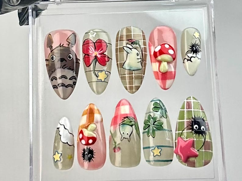 Studio Ghibli Inspired Almond Nails | Totoro & Nature Nail Art | Kawaii Ghibli Fake Nails | Studio Ghibli Theme False Nails | OB726YC