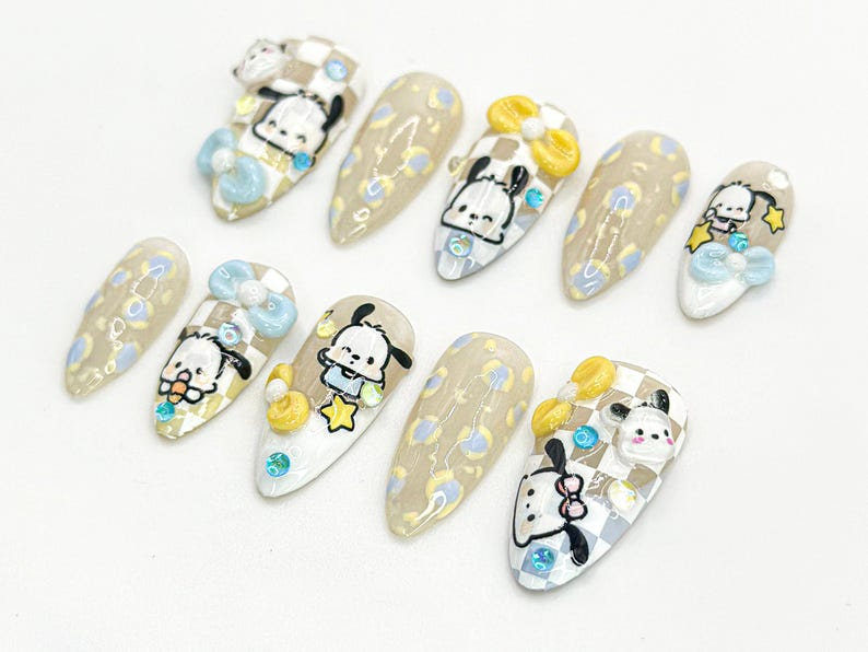Kawaii Puppy Press On Nails | Cute Character Nail Art | Handmade Cartoon Nail Set | 3D Kawaii Nails | Handmade Nail Art | OC672HC