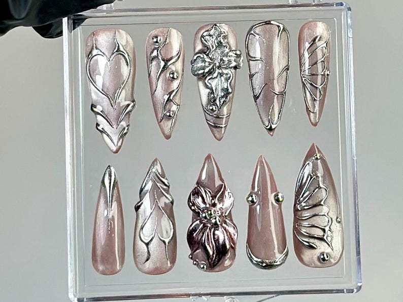 Metallic Chrome Press On Nails | Butterfly Wings Press Ons | Shiny Silver Fake Nails | Elegant Metallic Nail Art |Gothic, Y2K Nails |OB755YK