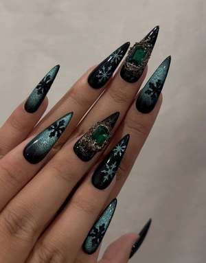 Emerald Snowflake Christmas Press On Nails | Black Green Winter Nails | Luxe Holiday Nail Art | Stiletto Press Ons | Winter Set | OB237HC