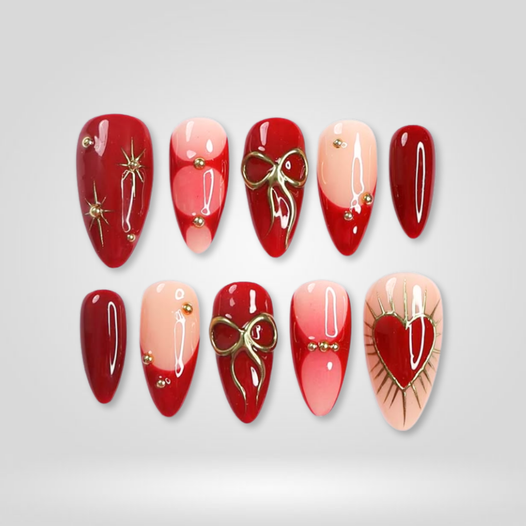 Sacred Love Red Hearts Gold Bows Press-On Nails - Aninail